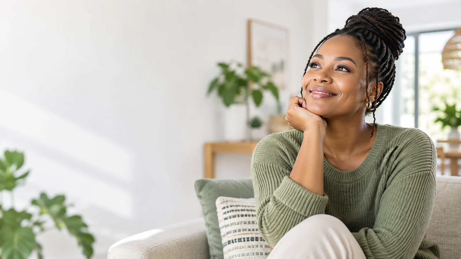 A woman sitting at home, thinking about her options